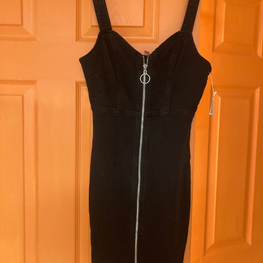 NWT Guess Black Denim Zip Front Mini Dress Sz XS